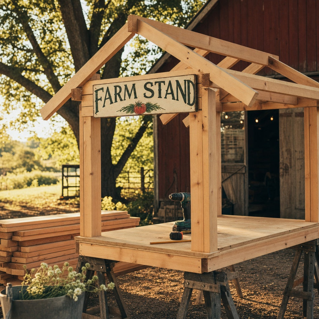 Cedar farm stand under construction with lumber and tools