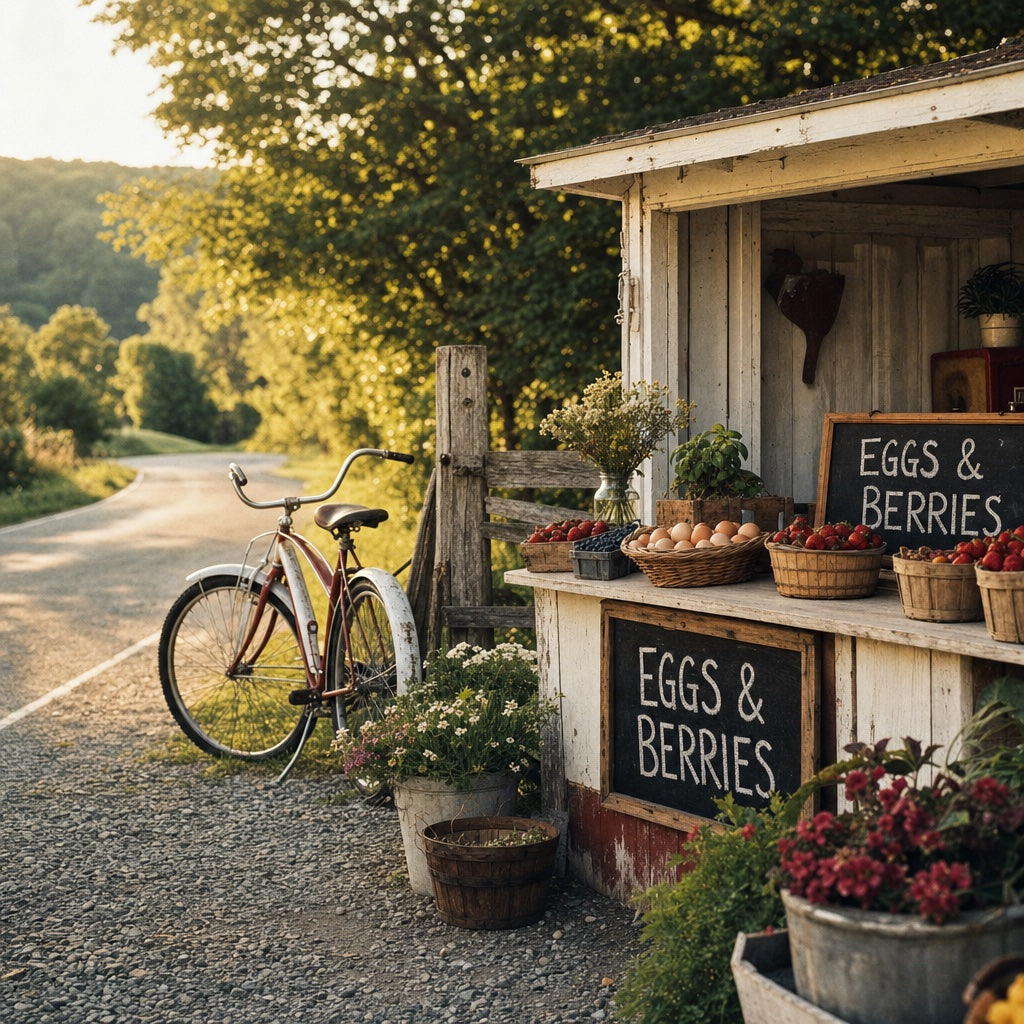 Small roadside farm stand selling eggs and berries on a country road