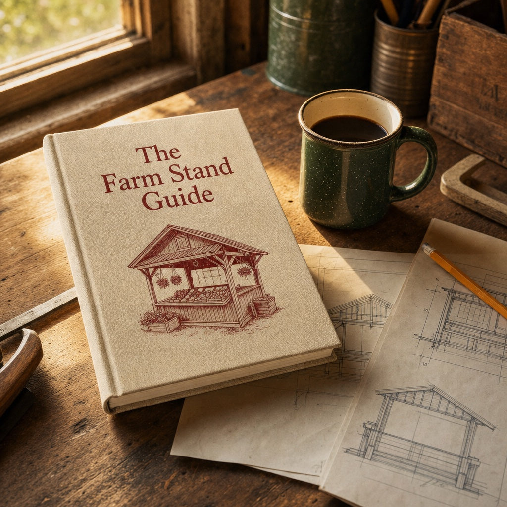 The Farm Stand Guide book on a workbench with coffee and sketched plans