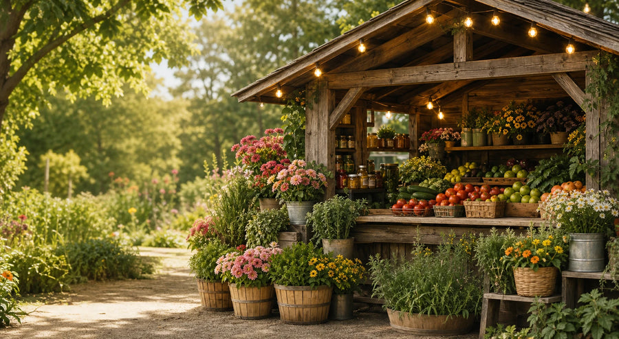 Rustic roadside farm stand with produce and flowers
